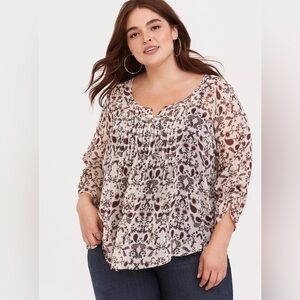 Torrid Chiffon Pintuck paisley floral print ruched 3/4 sleeve semi sheer top 3